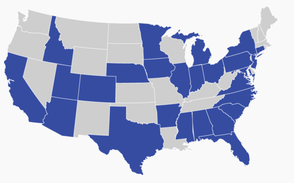 A map of the United States showing where current DataScience@SMU students reside.